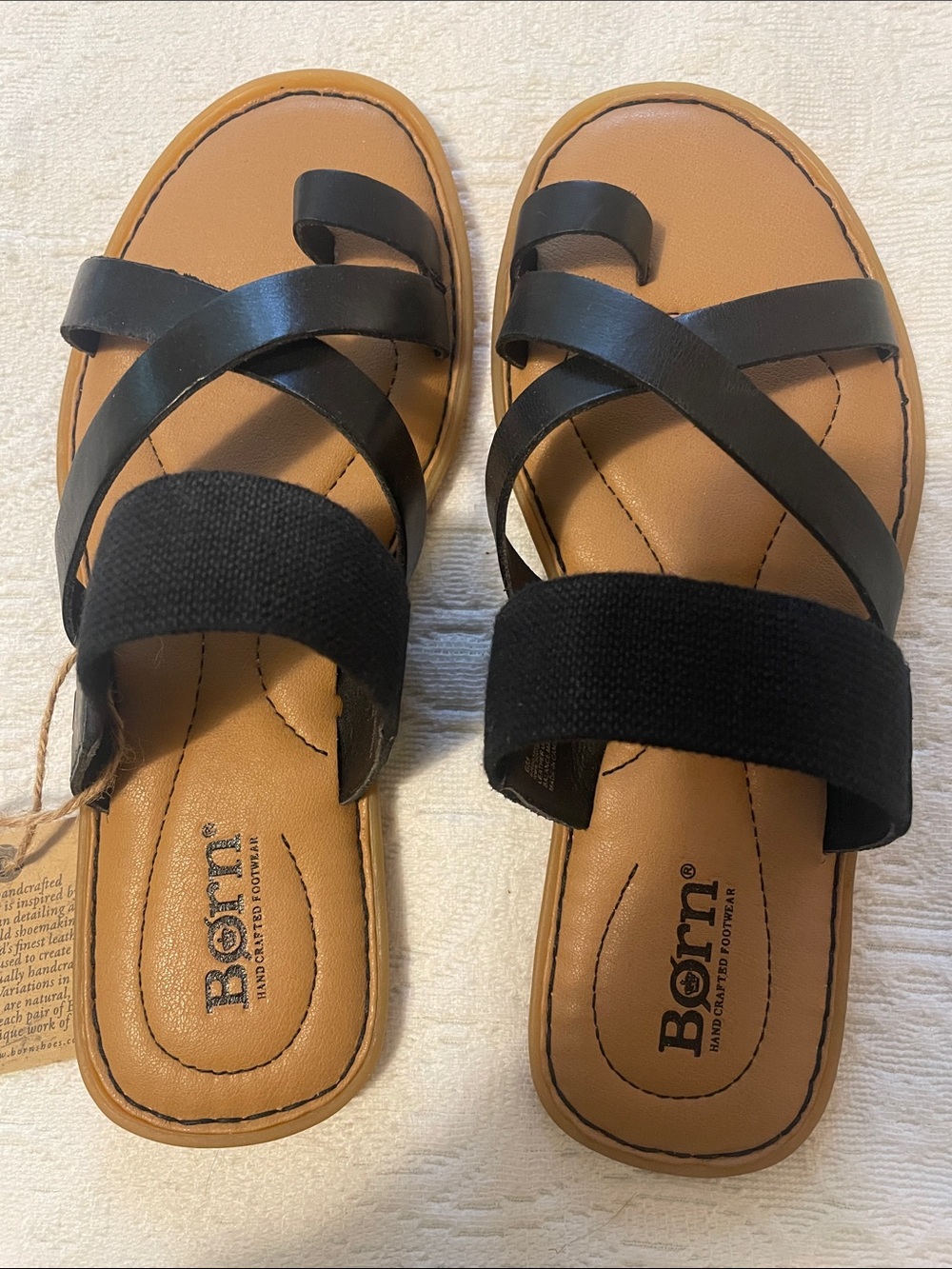 Born Black and Tan Crisscross Slide Sandals